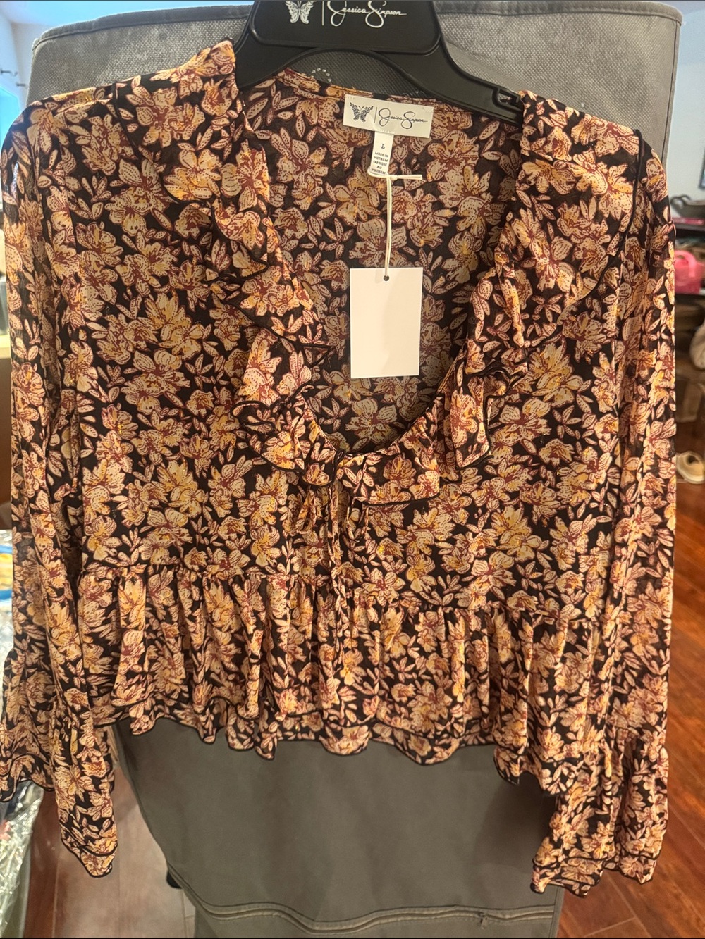 Jessica Simpson Brown and Cream Floral Ruffle Peplum Blouse